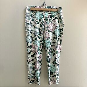 J.Jill Floral Linen Stretch Button Hem Ankle Pants Women’s Size M Petite Ivory